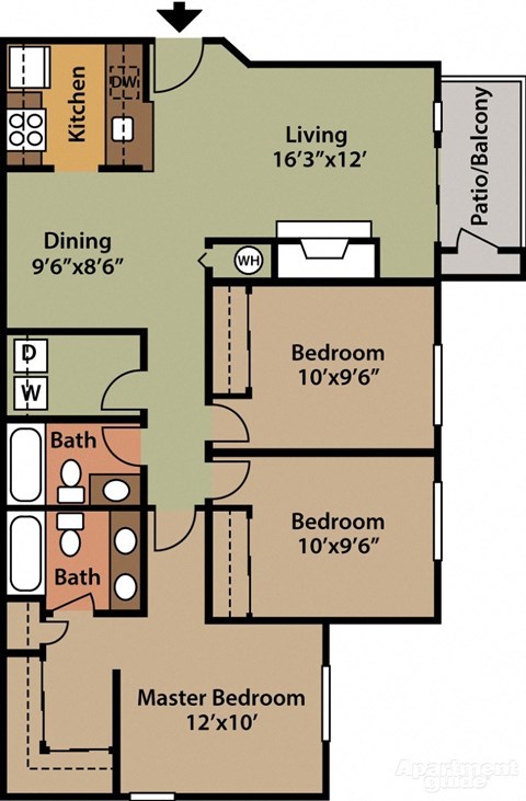 Floor plan for 3 beds, 2 baths, 1153 sqft